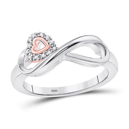 14k White Gold Round Diamond Rose-tone Heart Infinity Ring 1/20 Cttw