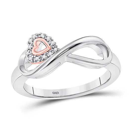14k White Gold Round Diamond Rose-tone Heart Infinity Ring 1/20 Cttw