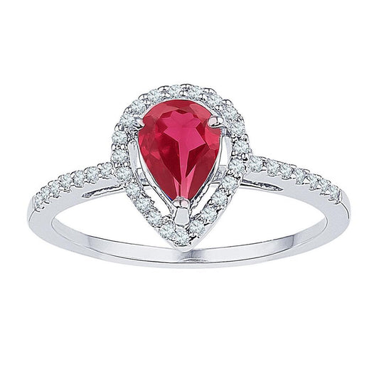 14k White Gold Pear Created Ruby Diamond Solitaire Ring 1 Cttw