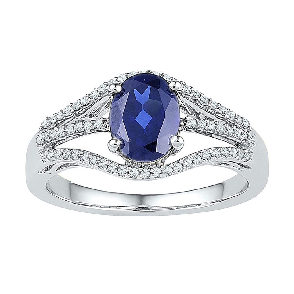 14k White Gold Oval Created Blue Sapphire Solitaire Diamond Ring 1-3/4 Cttw
