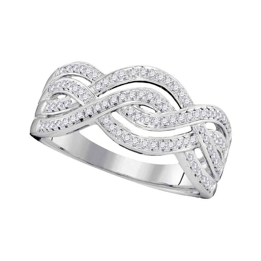 14k White Gold Round Diamond Wave Crossover Band Ring 1/4 Cttw