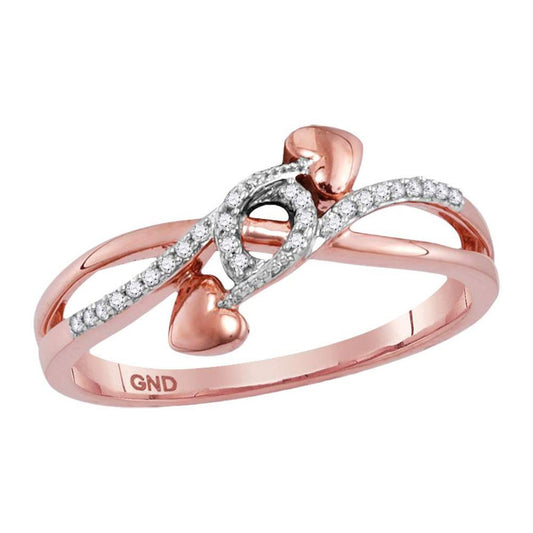 10k Rose Gold Round Diamond Double Heart Crossover Band Ring 1/12 Cttw