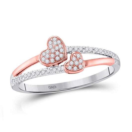 14k White Gold Round Diamond Rose-tone Double Heart Ring 1/6 Cttw