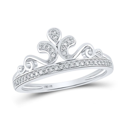 14k White Gold Round Diamond Crown Tiara Fashion Ring 1/10 Cttw