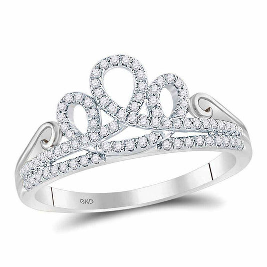 14k White Gold Round Diamond Crown Tiara Fashion Ring 1/5 Cttw