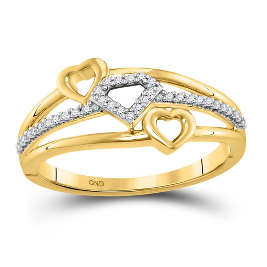 10k Yellow Gold Round Diamond Double Heart Striped Band Ring 1/10 Cttw