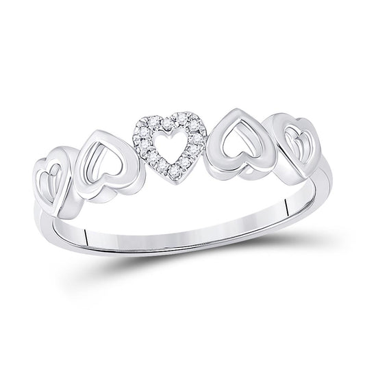 14k White Gold Round Diamond Alternating Heart Band Ring .03 Cttw