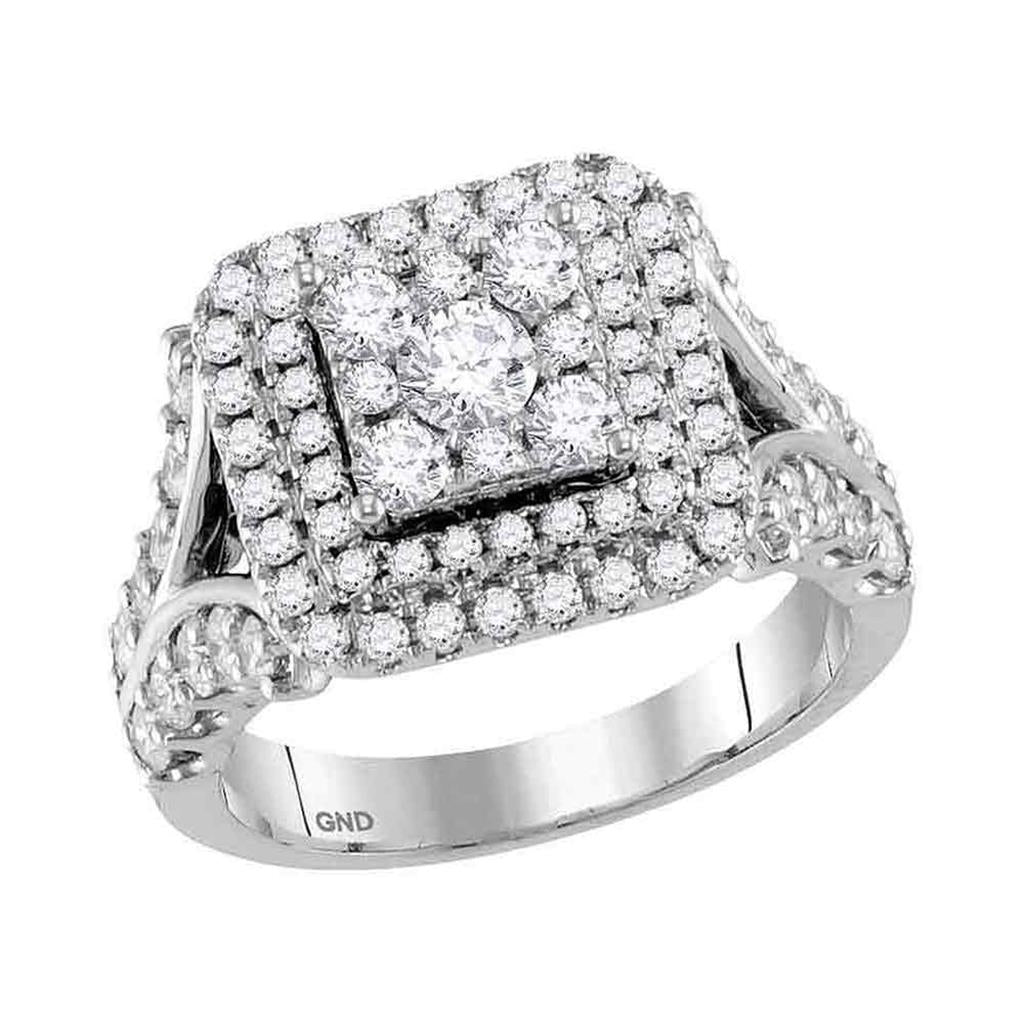 14k White Gold Round Diamond Square Cluster Bridal Engagement Ring 2 Cttw