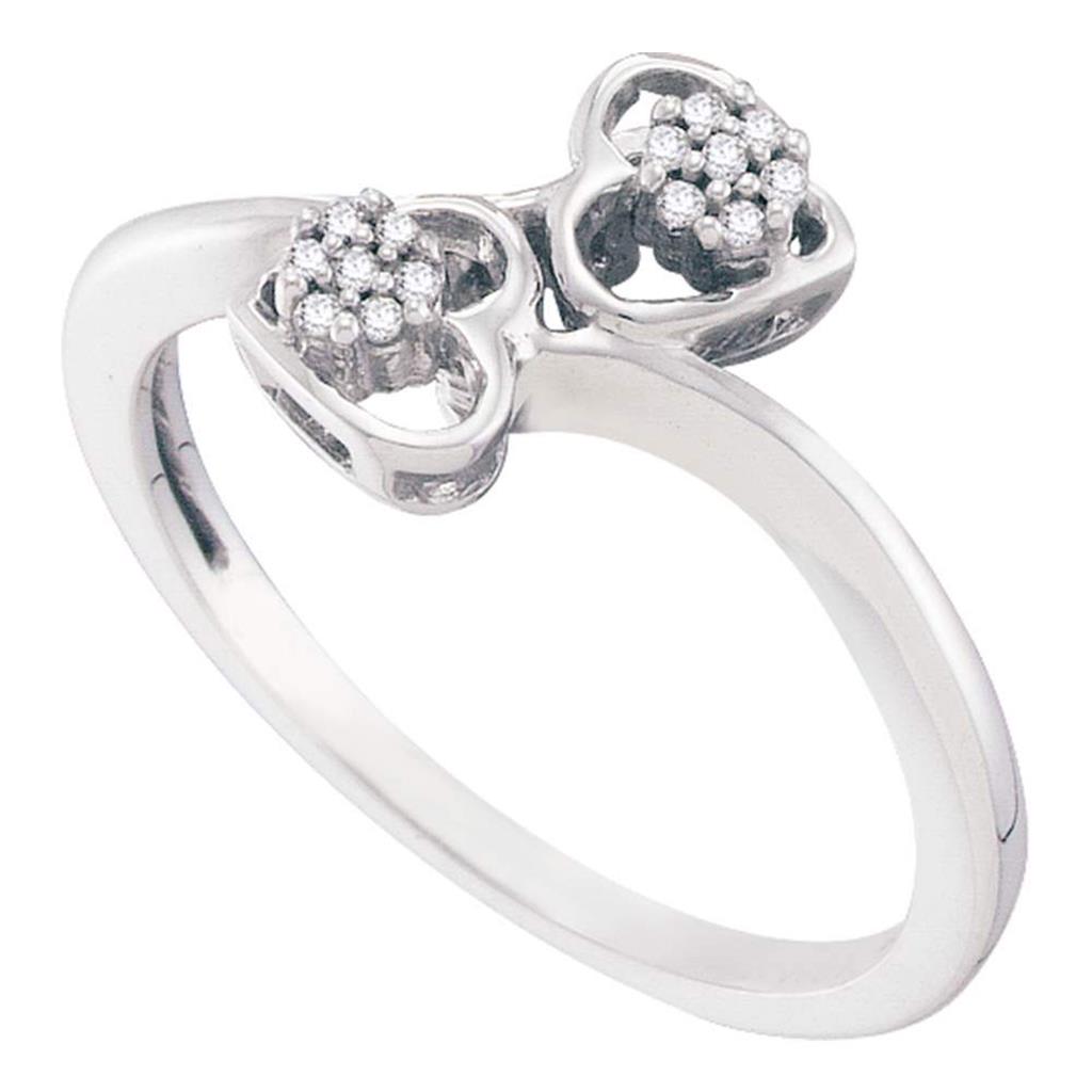 14k White Gold Round Diamond Slender Double Heart Bypass Ring 1/20 Cttw