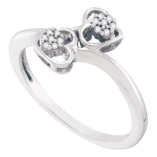 14k White Gold Round Diamond Slender Double Heart Bypass Ring 1/20 Cttw