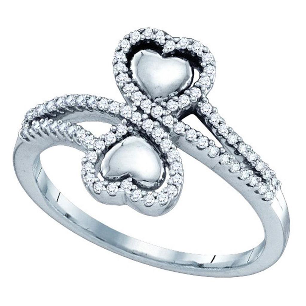 14k White Gold Round Diamond Double Heart Bypass Split-shank Ring 1/4 Cttw