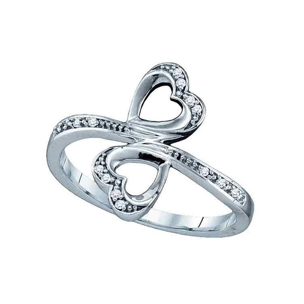 14k White Gold Round Diamond Double Heart Bypass Ring 1/20 Cttw