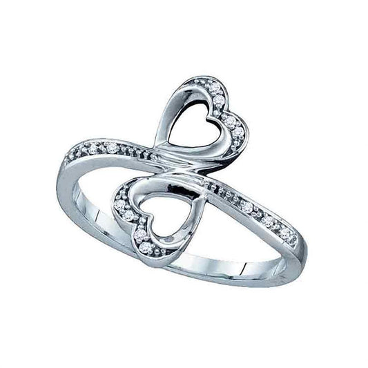 14k White Gold Round Diamond Double Heart Bypass Ring 1/20 Cttw