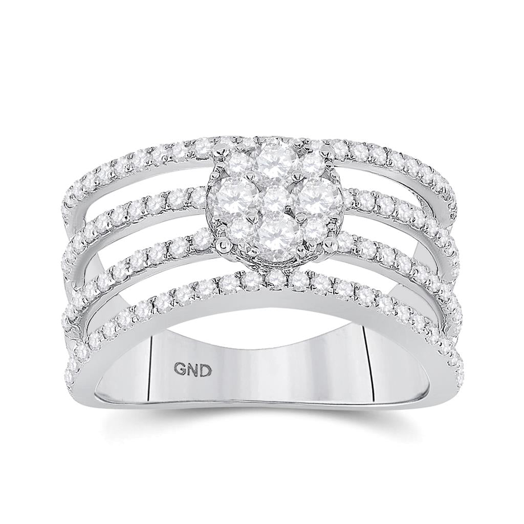 14k White Gold Round Diamond Four Row Flower Cluster Ring 1 Cttw
