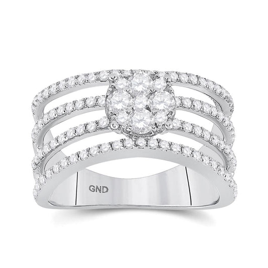 14k White Gold Round Diamond Four Row Flower Cluster Ring 1 Cttw