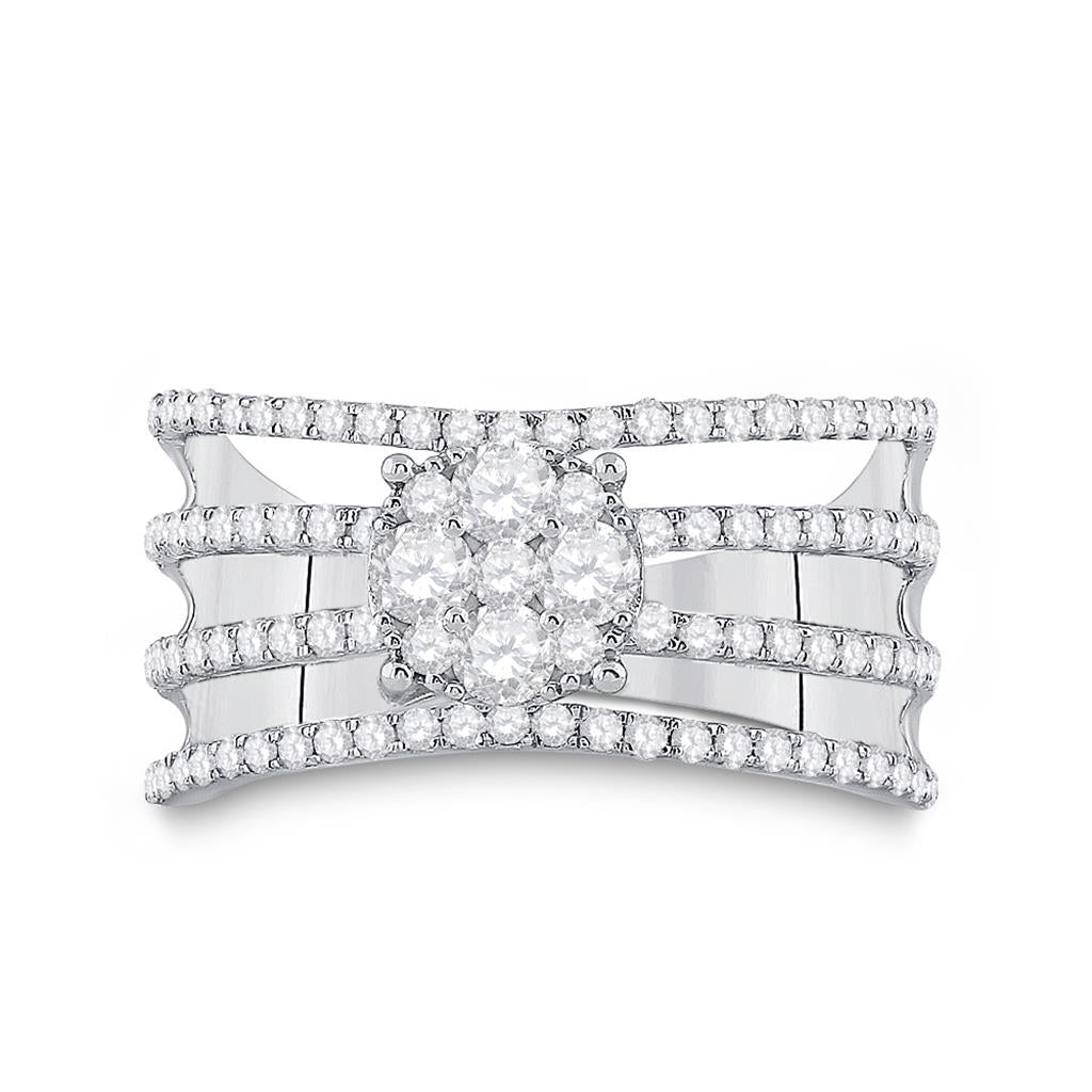 14k White Gold Round Diamond Four Row Flower Cluster Ring 1 Cttw