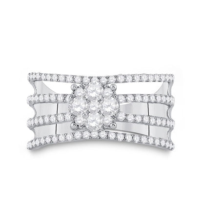 14k White Gold Round Diamond Four Row Flower Cluster Ring 1 Cttw