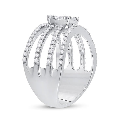 14k White Gold Round Diamond Four Row Flower Cluster Ring 1 Cttw