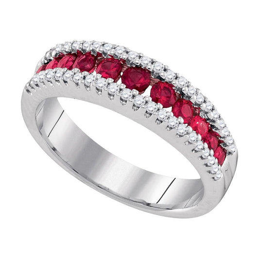 14k White Gold Round Ruby Diamond Triple Row Band Ring 7/8 Cttw