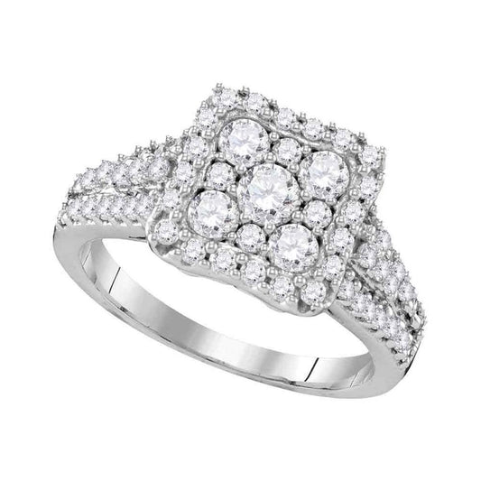 14k White Gold Diamond Square Cluster Halo Bridal Engagement Ring 1-1/5 Cttw