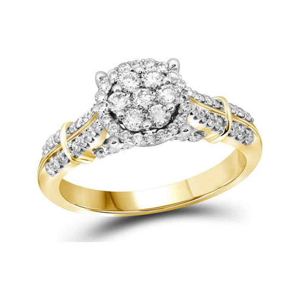 10k Yellow Gold Round Diamond Flower Cluster Bridal Engagement Ring 3/4 Cttw