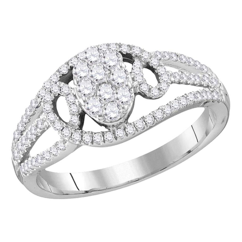 14k White Gold Round Diamond Oval Cluster Ring 1/2 Cttw