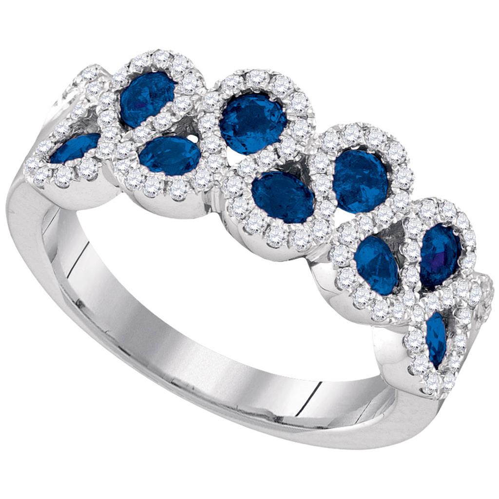 14k White Gold Round Blue Sapphire Diamond Band Ring 1-1/3 Cttw