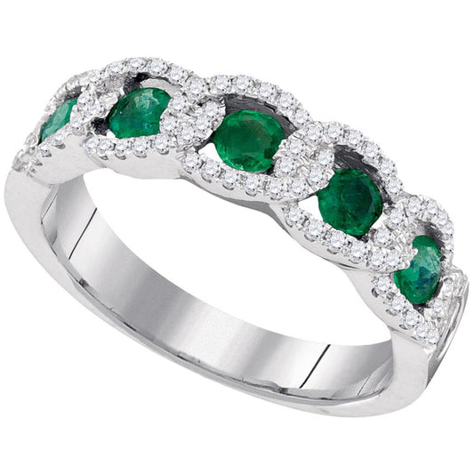 14k White Gold Round Emerald Diamond Accent Band Ring 1 Cttw