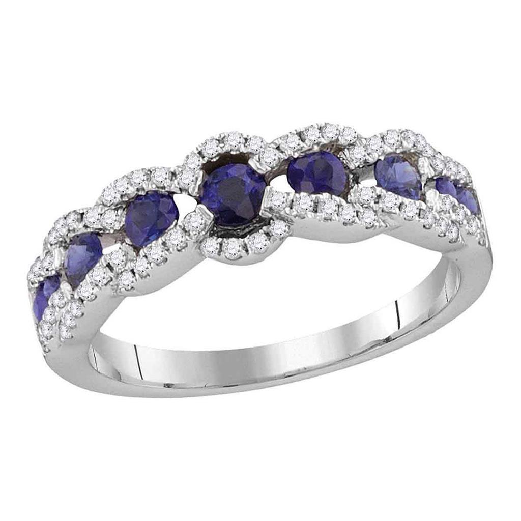 18k White Gold Round Blue Sapphire Diamond Band Ring 7/8 Cttw