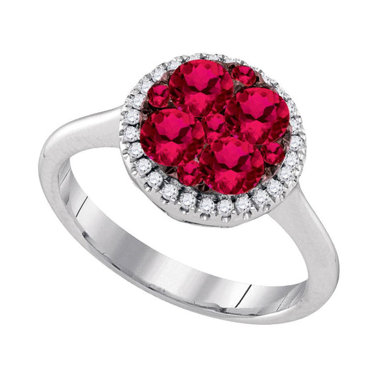 14k White Gold Round Ruby Cluster Diamond Halo Bridal Ring 1 Cttw