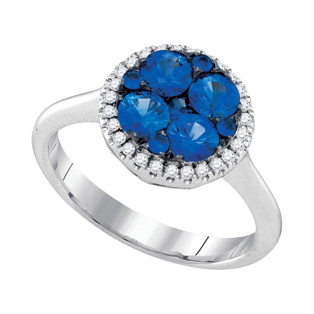 14k White Gold Round Blue Sapphire Cluster Diamond Halo Bridal Ring 1 Cttw