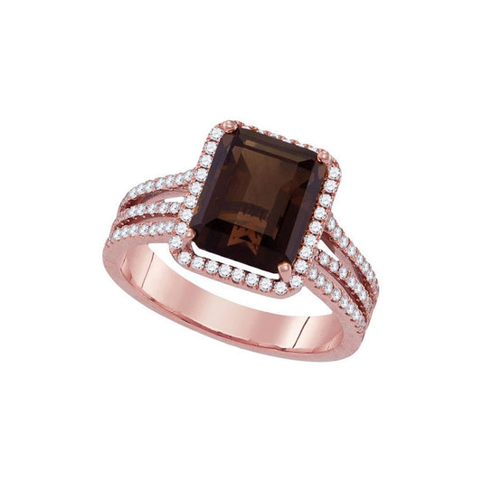 14k Rose Gold Emerald-cut Smoky Quartz Diamond Solitaire Ring 3-3/4 Cttw