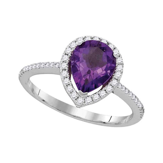 14k White Gold Pear Amethyst Solitaire Diamond Accent Ring 1-1/2 Cttw