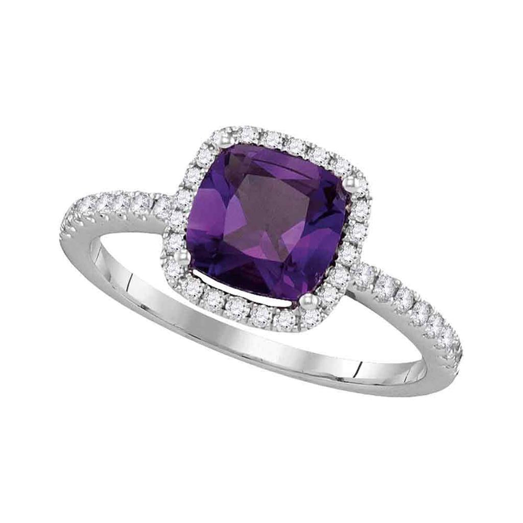 14k White Gold Cushion Amethyst Solitaire Diamond Accent Ring 1-1/2 Cttw