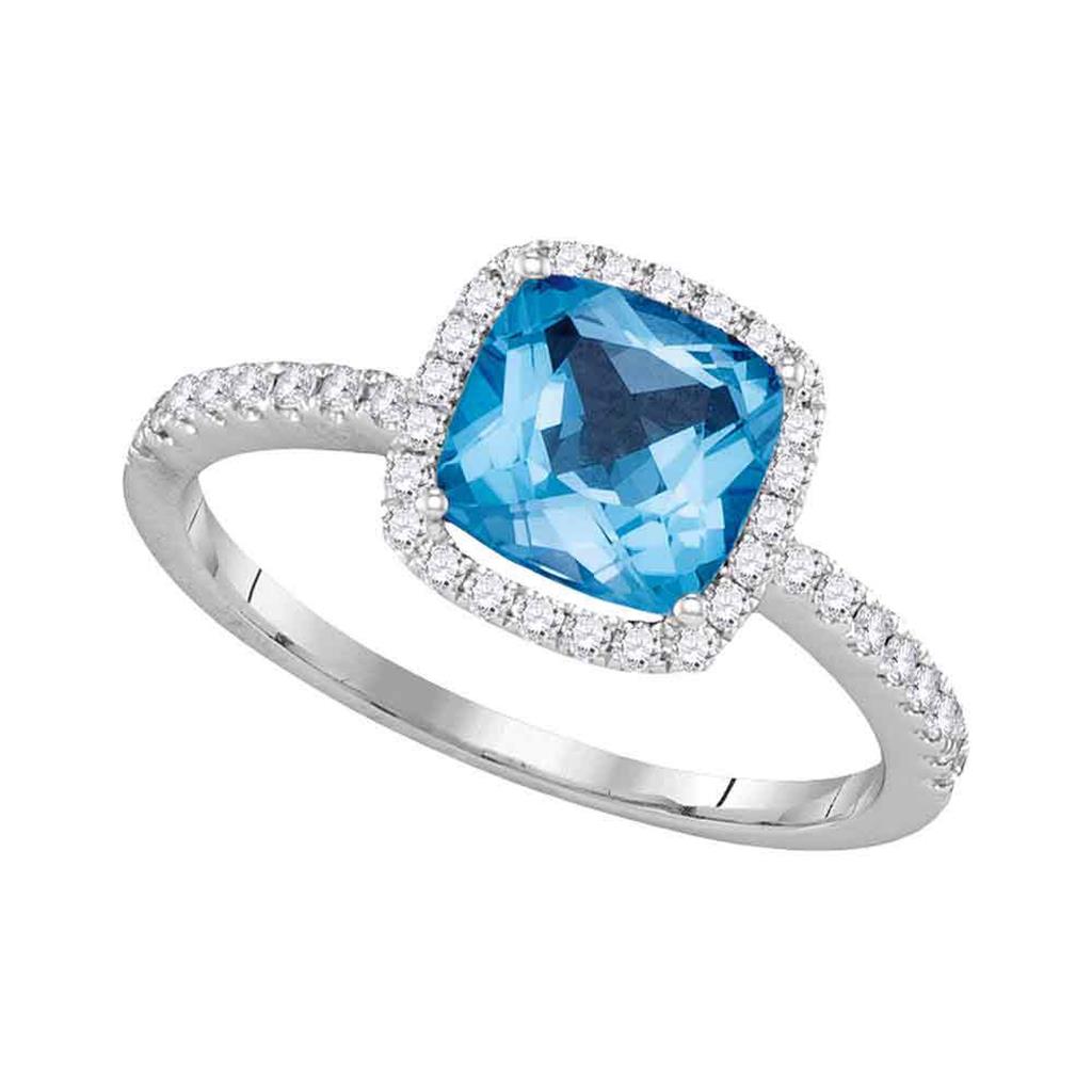 14k White Gold Cushion Blue Topaz Solitaire Diamond Halo Slender Ring 2 Cttw