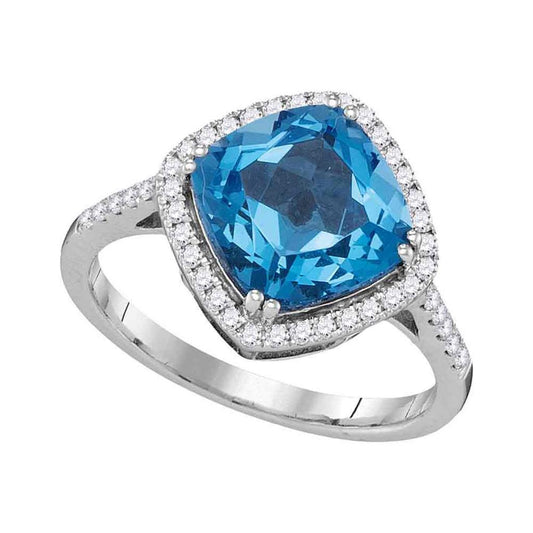 14k White Gold Cushion Blue Topaz Solitaire Diamond Halo Ring 3-7/8 Cttw