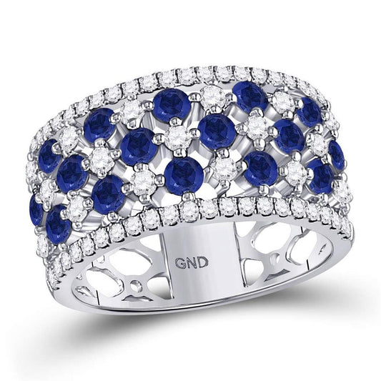 18k White Gold Round Blue Sapphire Diamond Checkered Band Ring 2 Cttw