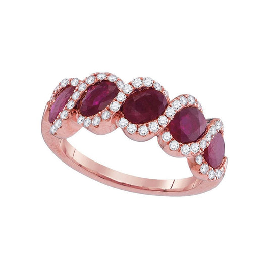18k Rose Gold Round Ruby Diamond Cascading Band Ring 2-7/8 Cttw