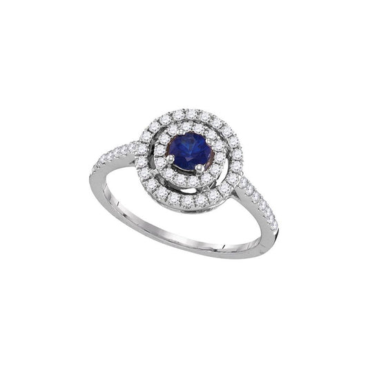 18k White Gold Round Blue Sapphire Solitaire Concentric Circle Ring 5/8 Cttw