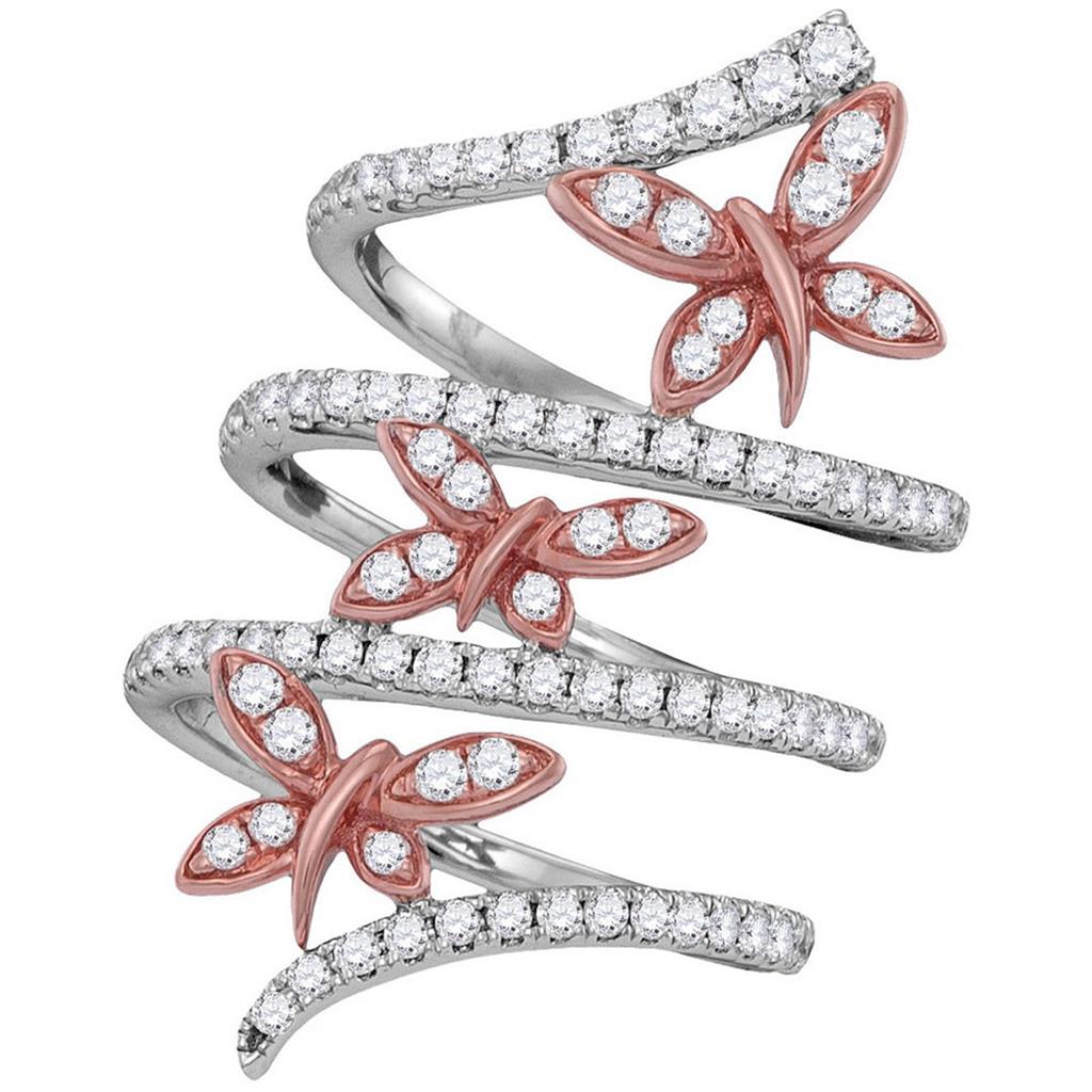 18k White Gold Round Diamond Triple Butterfly Bug Coil Ring 1 Cttw