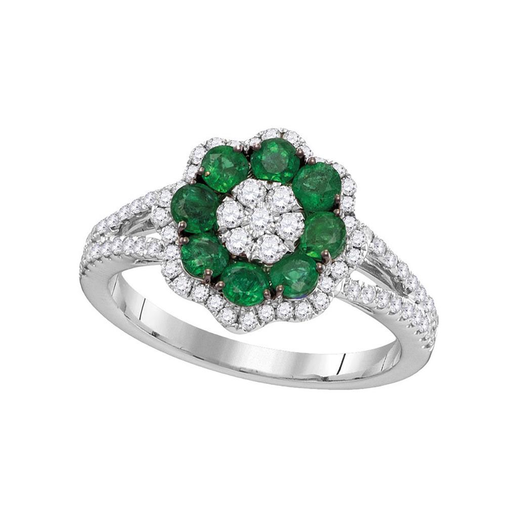 18k White Gold Round Emerald Diamond Flower Cluster Ring 1-1/4 Cttw