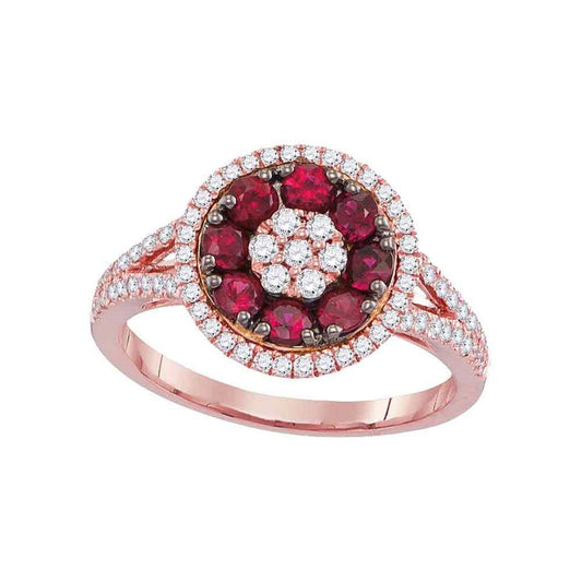 18k Rose Gold Round Ruby Diamond Flower Cluster Ring 7/8 Cttw