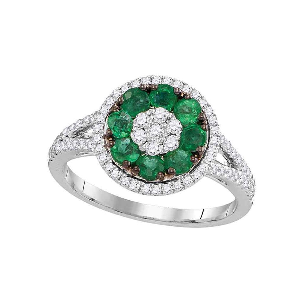 18k White Gold Round Emerald Circle Flower Cluster Ring 7/8 Cttw