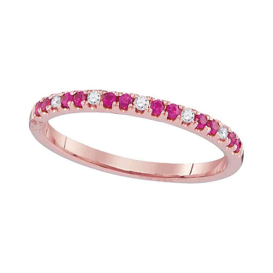 14k Rose Gold Round Created Pink Sapphire Diamond Alternating Band 1/5 Cttw