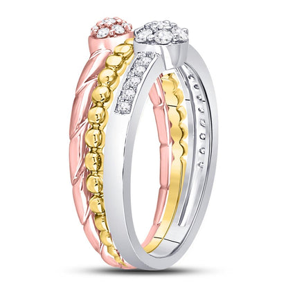 10k Tri-Tone Gold Round Diamond Trio Stackable Band Ring Set 1/3 Cttw