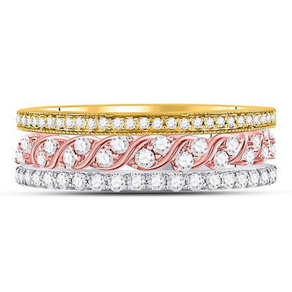 10k Tri-Tone Gold Round Diamond Trio Stackable Band Ring Set 3/4 Cttw