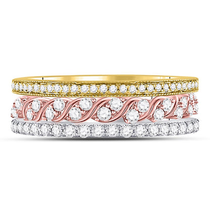 10k Tri-Tone Gold Round Diamond Trio Stackable Band Ring Set 3/4 Cttw