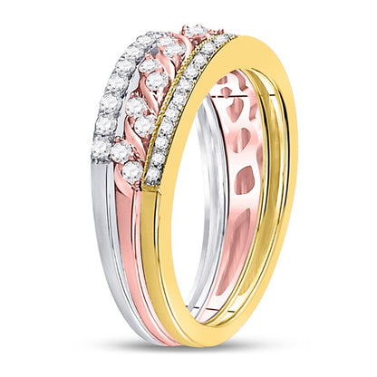 10k Tri-Tone Gold Round Diamond Trio Stackable Band Ring Set 3/4 Cttw