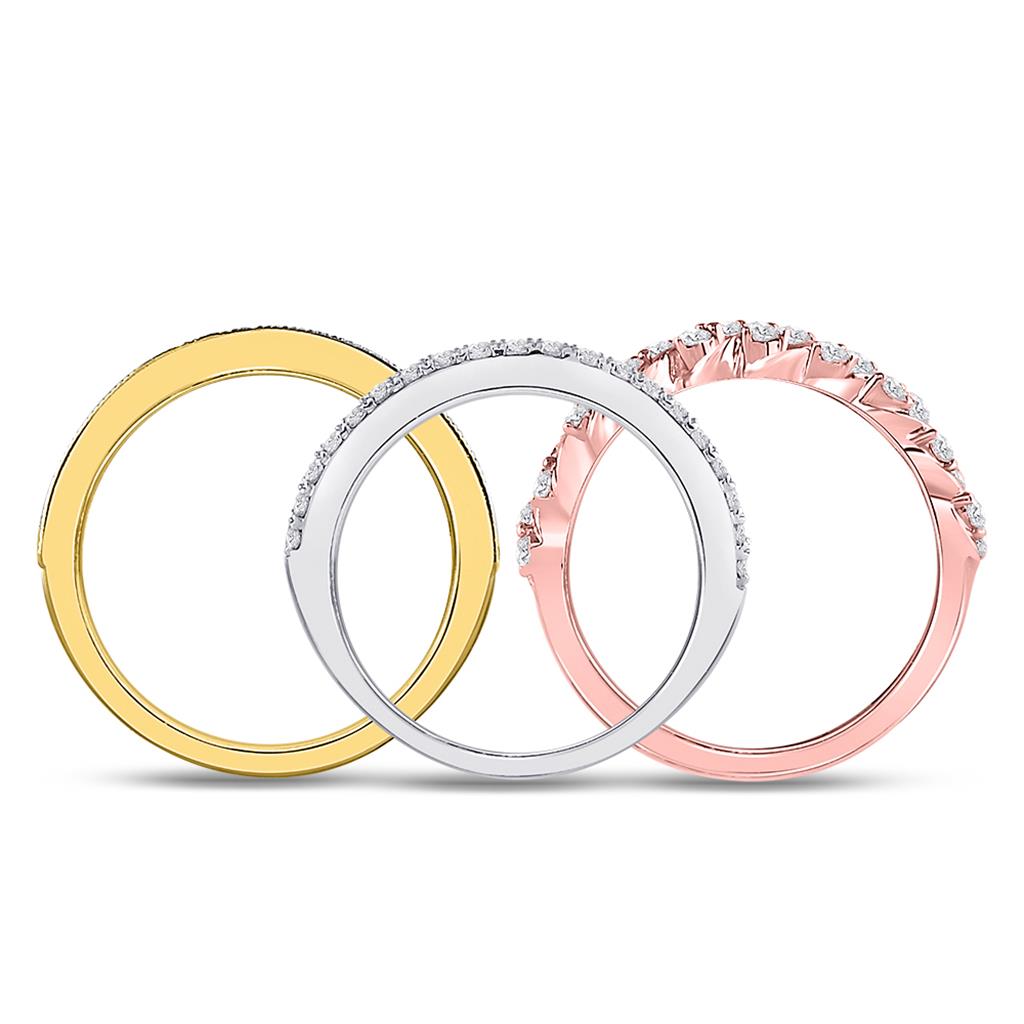 10k Tri-Tone Gold Round Diamond Trio Stackable Band Ring Set 3/4 Cttw