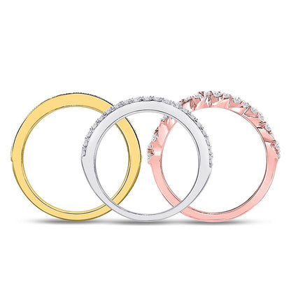 10k Tri-Tone Gold Round Diamond Trio Stackable Band Ring Set 3/4 Cttw
